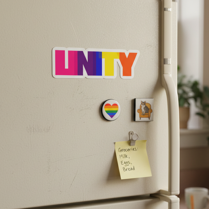 Bubble-Free Unity Sticker pops with color on a beige fridge, alongside rainbow heart magnet, quirky cat vinyl, and “Groceries: Milk, Eggs, Bread” note.