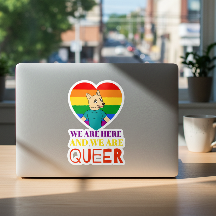 Bubble-free sticker on a laptop shows a cartoon critter in front of a rainbow heart with bold “WE ARE HERE AND WE ARE QUEER” text.