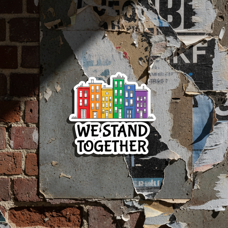 Bubble-free sticker set with six rainbow-colored buildings and the slogan “We Stand Together,” celebrating queer pride and unity.
