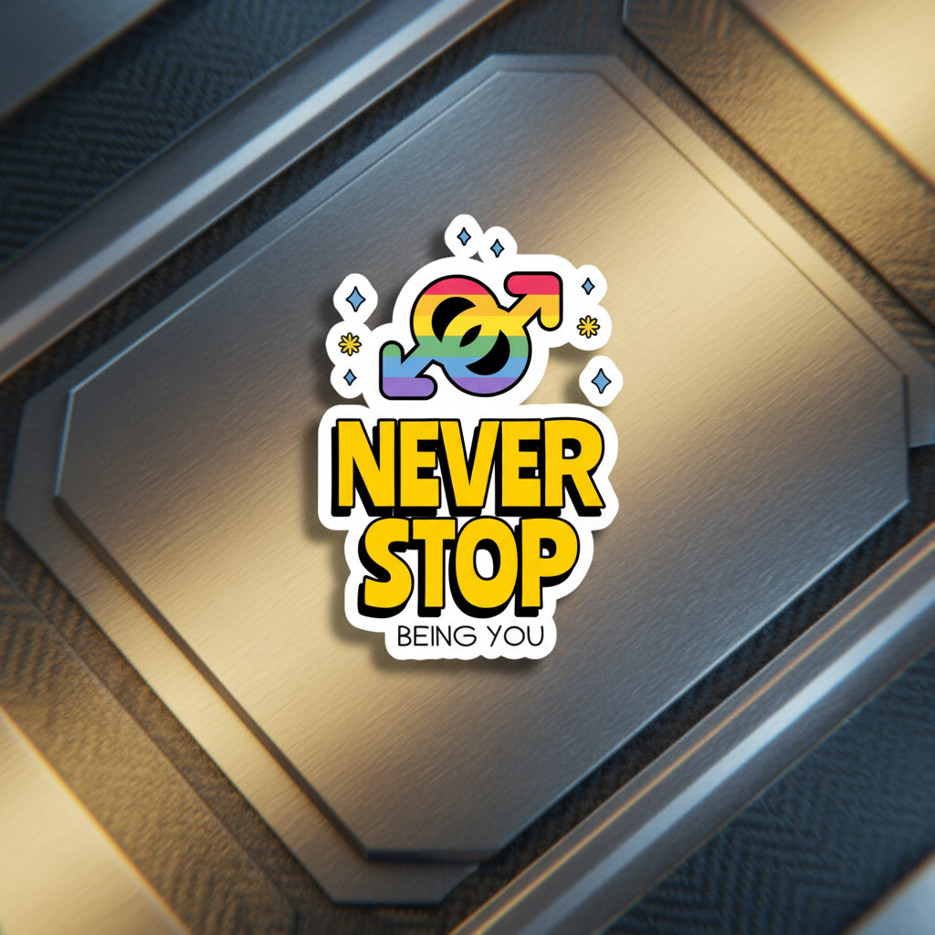 Bubble-free pride sticker made of adhesive vinyl with interlocked male, female, and rainbow symbols above “NEVER STOP” in bold yellow and “BEING YOU” below on a metallic background.