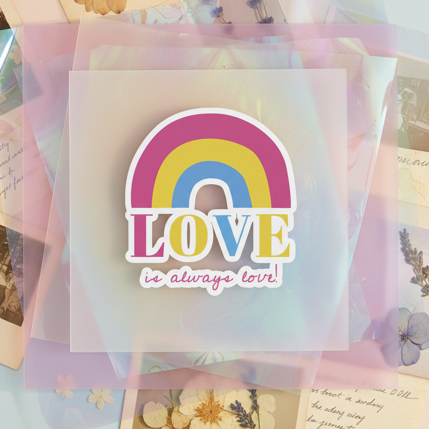 Bubble-free sticker with a yellow, pink, and blue rainbow above “LOVE is always love!” on a translucent square; queer vibes.
