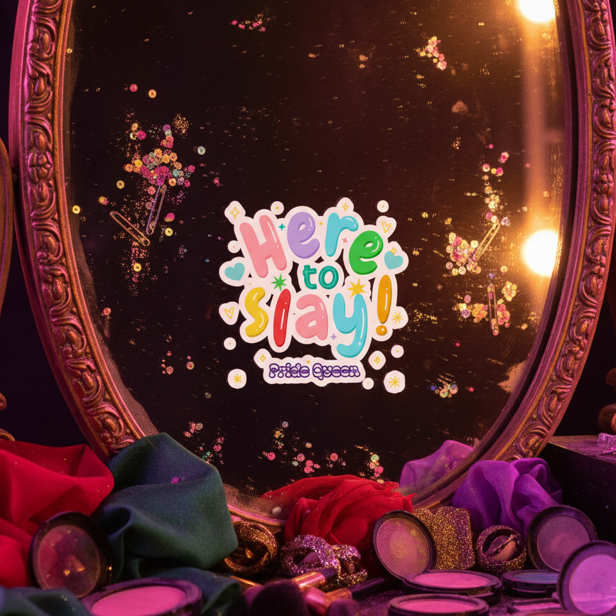 Pride Queen Bubble-Free Stickers with “Here To Slay!” in bold, playful letters shine in a lit ornate oval mirror, confetti, and fab draped fabrics with makeup at the base.