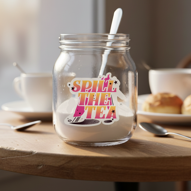 Jar with a “Spill The Tea” Bubble-Free Sticker on wood table, next to teacup, saucer, spoon, and scones in soft daylight.