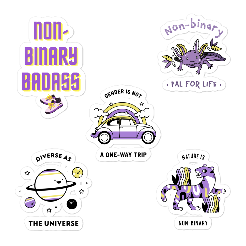 Set of 5 non-binary vinyl stickers: “Non-Binary Badass,” axolotl, car, planets, purple lizard—each with the non-binary flag.