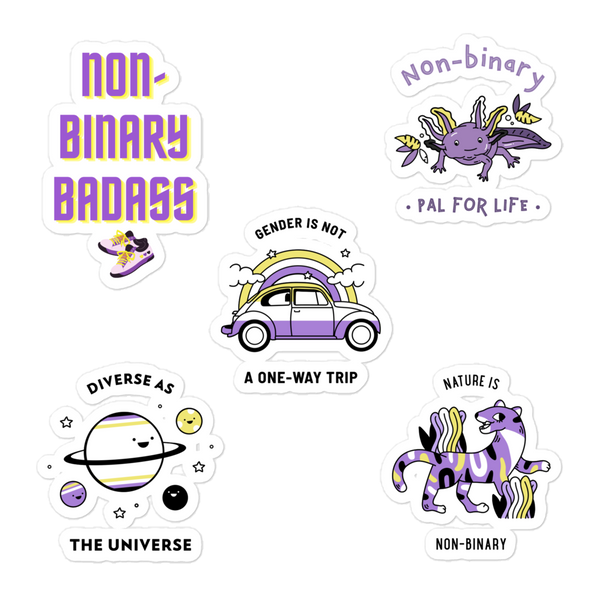 Set of 5 non-binary vinyl stickers: “Non-Binary Badass,” axolotl, car, planets, purple lizard—each with the non-binary flag.
