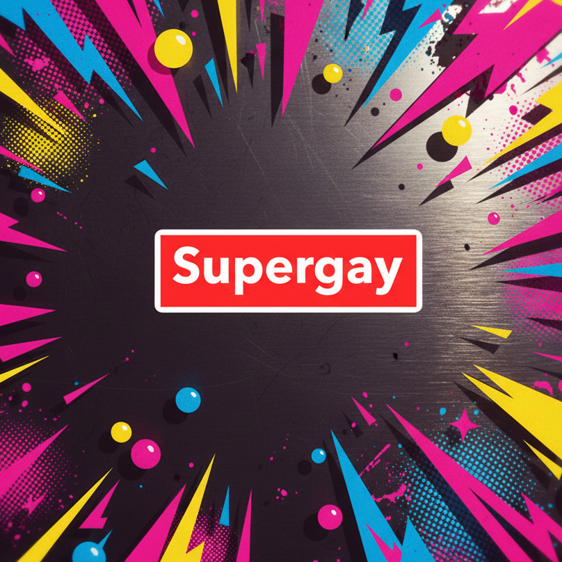 Supergay Bubble-Free sticker decked in comic-style pops of pink, yellow, blue on black, with a bold red “Supergay” label in white.