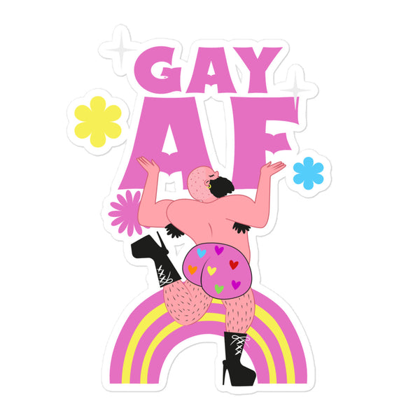 A vibrant illustration on Gay AF Bubble-Free Stickers features a bearded figure on a rainbow, wearing rainbow-heart shorts and lace-up boots, embodying bold queer pride and self-expression.