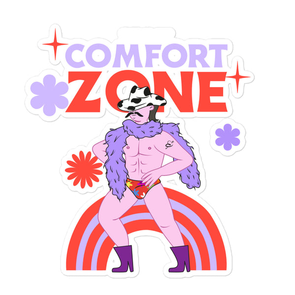 This Is My Comfort Zone Bubble-Free Stickers feature a playful, stylized illustration of a confident, androgynous figure in cow-print hat and purple boots, surrounded by daisies and sparkles, celebrating queer pride and self-expression.