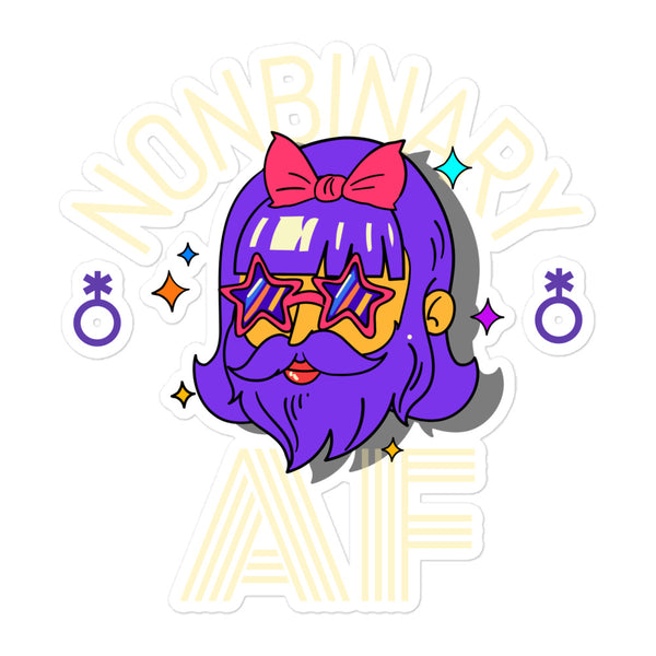 Cartoon-style Nonbinary AF Bubble-Free Stickers featuring a bold face with purple hair and sunglasses, surrounded by nonbinary symbols and the word NONBINARY. A vibrant, prideful celebration of queer identity.