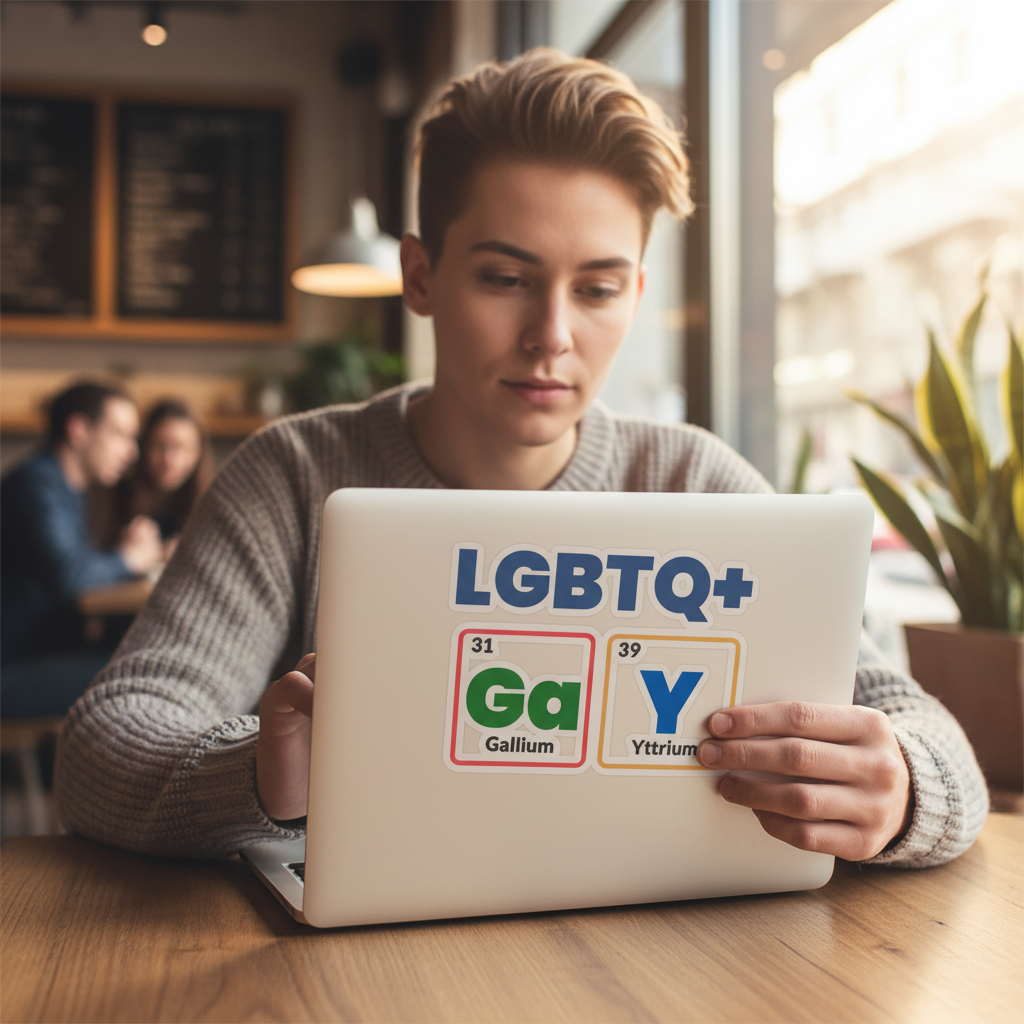 Laptop covered in colorful pride stickers, including an LGBTQ+ "GaY" Bubble-Free Sticker styled like periodic table elements.