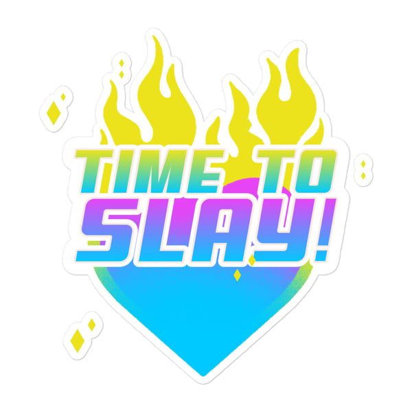 Time To Slay! Bubble-Free Stickers feature a vibrant heart with yellow flames and bold gradient slogan. Perfect for expressing queer pride, these durable, bubble-free vinyl stickers celebrate empowerment and visibility.