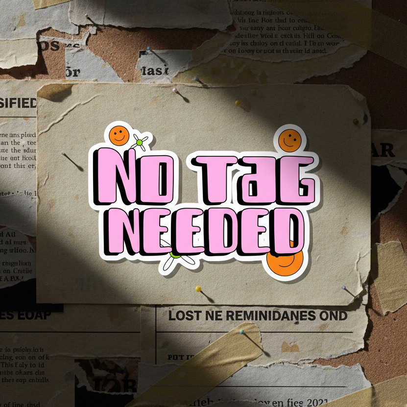 Bubble-free vinyl sticker with “No Tag Needed” in bold retro pink and orange bubble letters on torn paper and faded document backdrop.