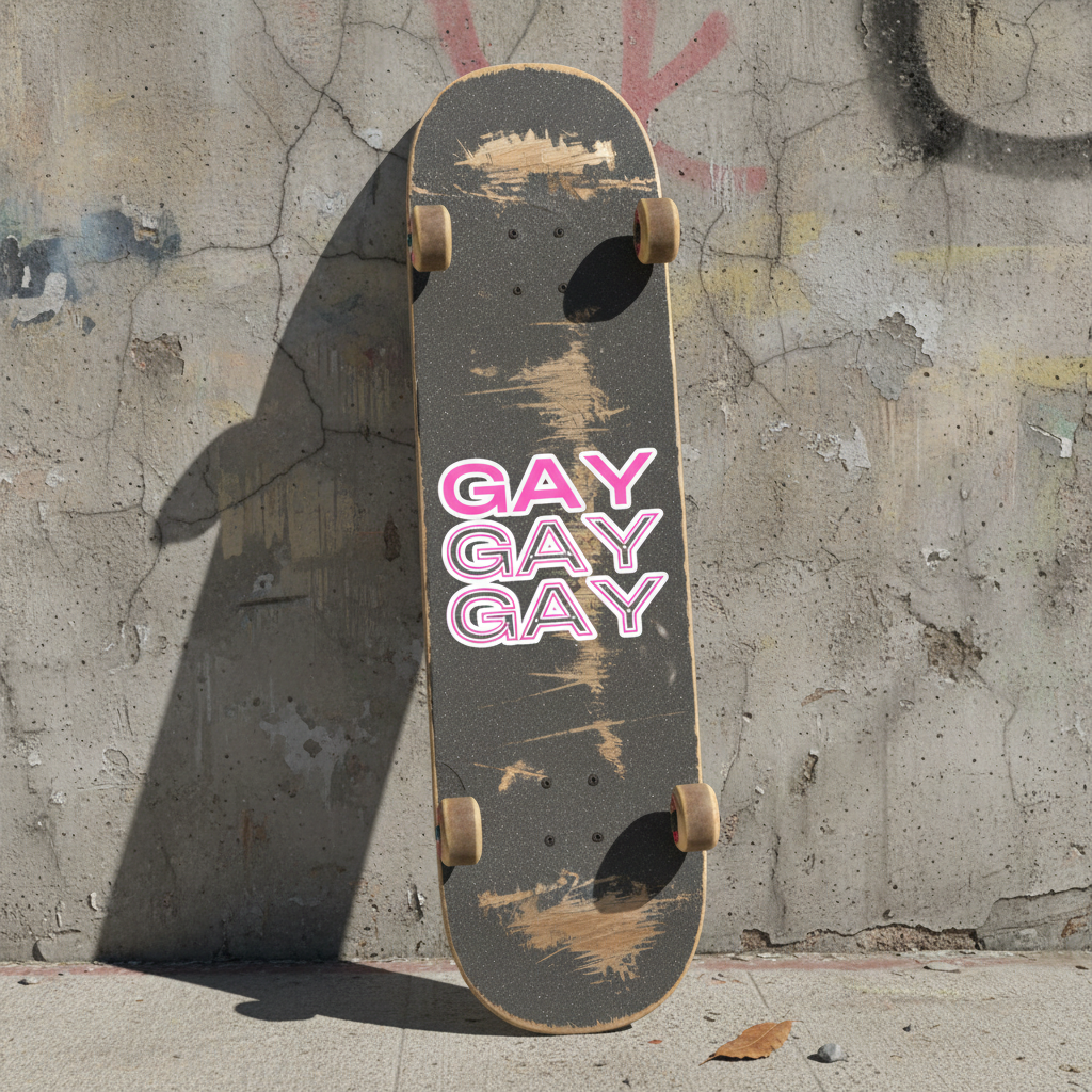 Black skateboard with scuffed deck, center stuck with "Gay Gay Gay" bubble-free sticker in bold pink and white, plus pride stickers.