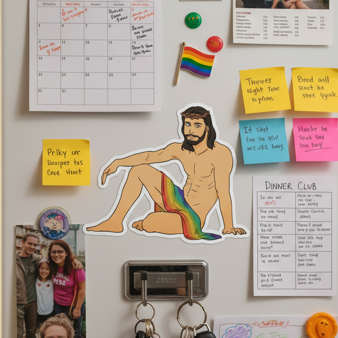 Bubble-free sticker reads "Sexy Gay Jesus," centered on a fridge with rainbow flag, pride stickers, colorful notes, and keys.