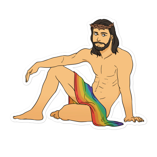 Stylized illustration on Sexy Gay Jesus Bubble-Free Stickers depicting shirtless, crowned man with rainbow cloth, embodying vibrant queer pride and self-expression, perfect for empowering, bubble-free application anywhere.