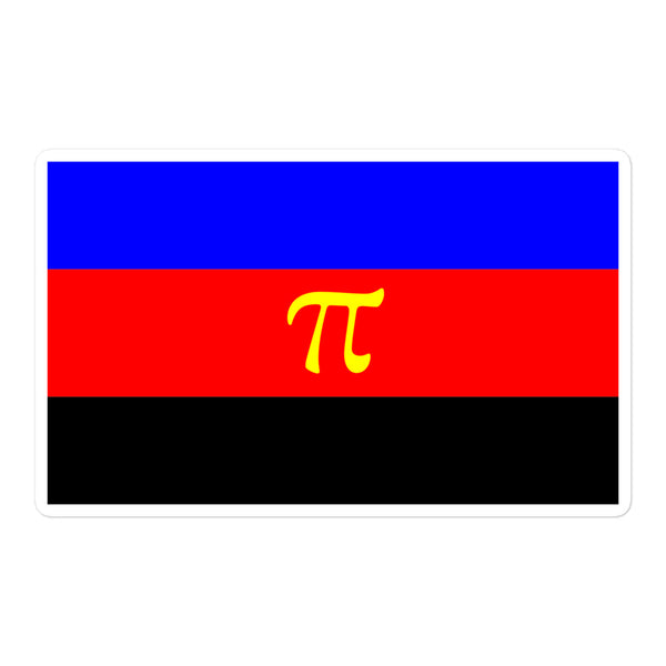 Polyamory Pride Bubble-Free Stickers feature a bold design with blue, red, and black horizontal bands, highlighted by a yellow pi symbol. Celebrate LGBTQIA+ pride with these durable, vibrant, and bubble-free vinyl stickers.