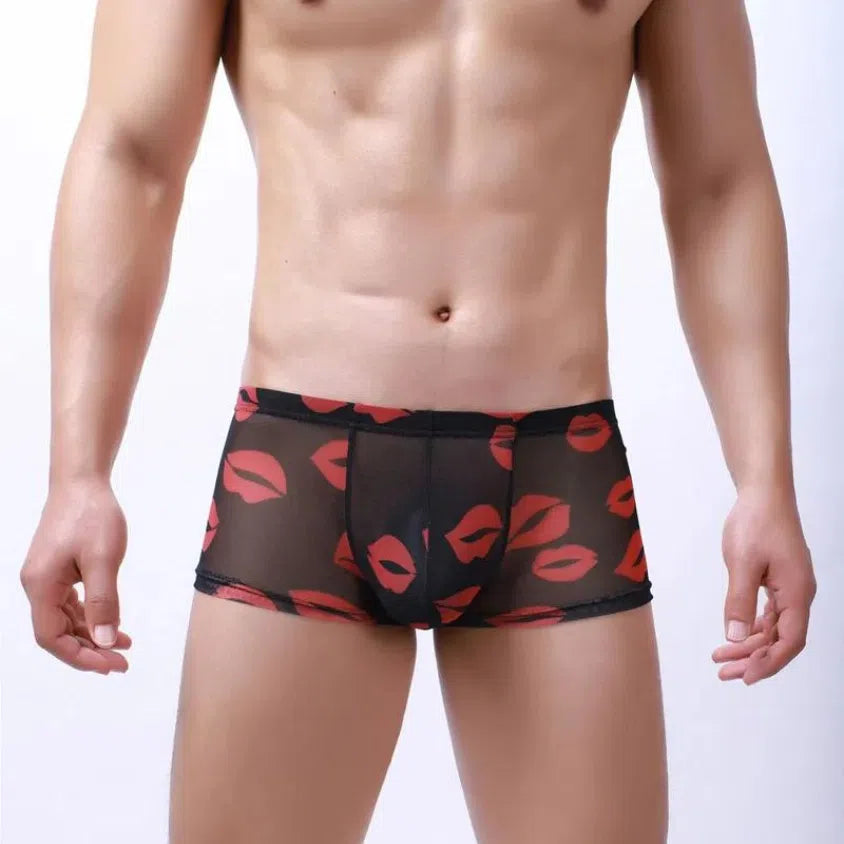 Front view of a model wearing black sheer boxer briefs with red lip prints