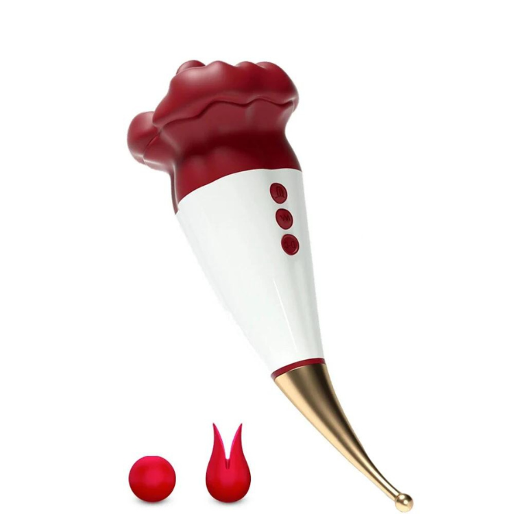 White and red wand vibrator with a curved gold tip, shown with two interchangeable red attachments