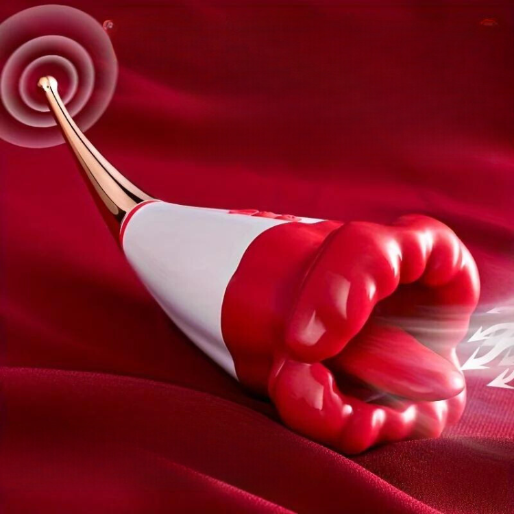 Red-and-white flower-shaped oral vibrator with a gold-tone stem, shown diagonally on red fabric