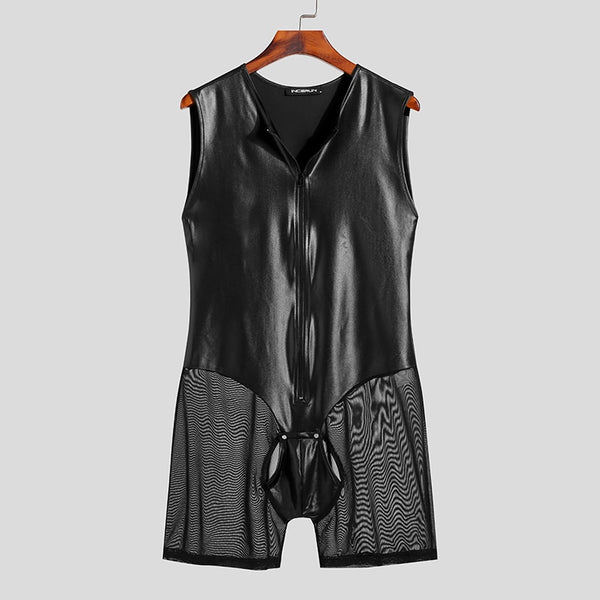 Black faux-leather zip-front bodysuit with sheer mesh shorts and a front pouch, hanging on a hanger