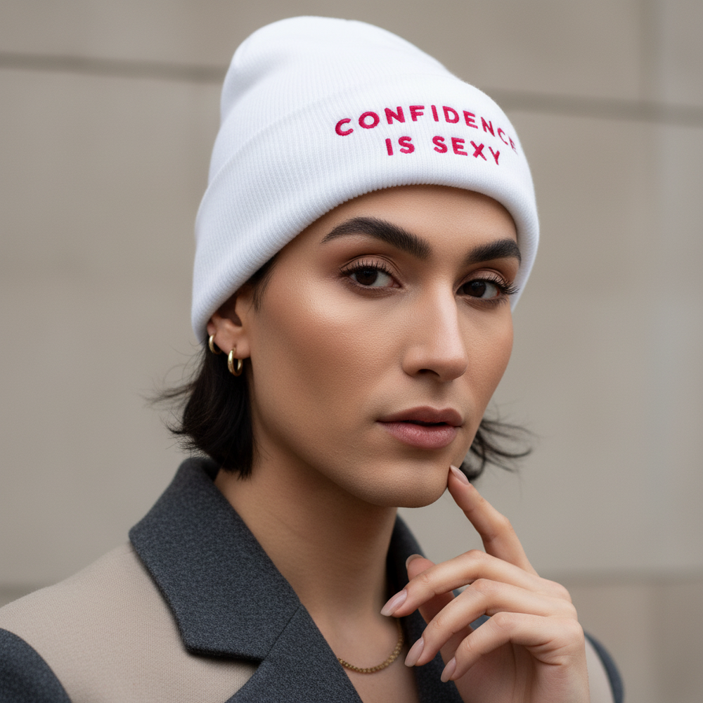 Confidence Is Sexy embroidered beanie with bold red lettering on white, worn by a person with short dark hair and gold hoops.