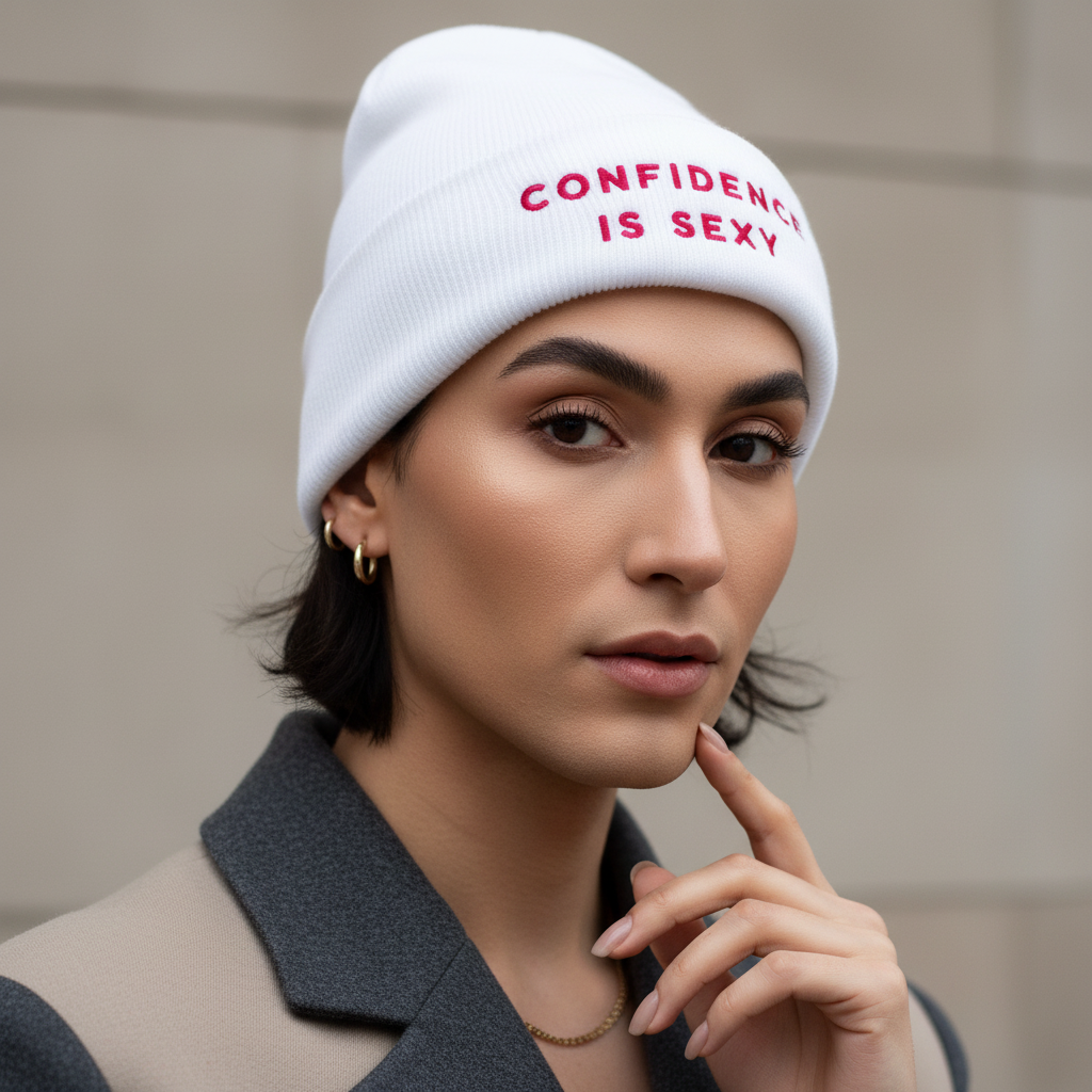 Confidence Is Sexy embroidered beanie with bold red lettering on white, worn by a person with short dark hair and gold hoops.