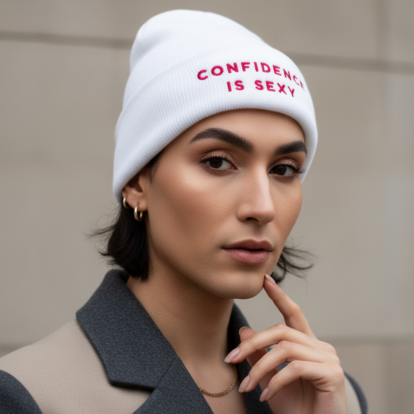Confidence Is Sexy embroidered beanie with bold red lettering on white, worn by a person with short dark hair and gold hoops.