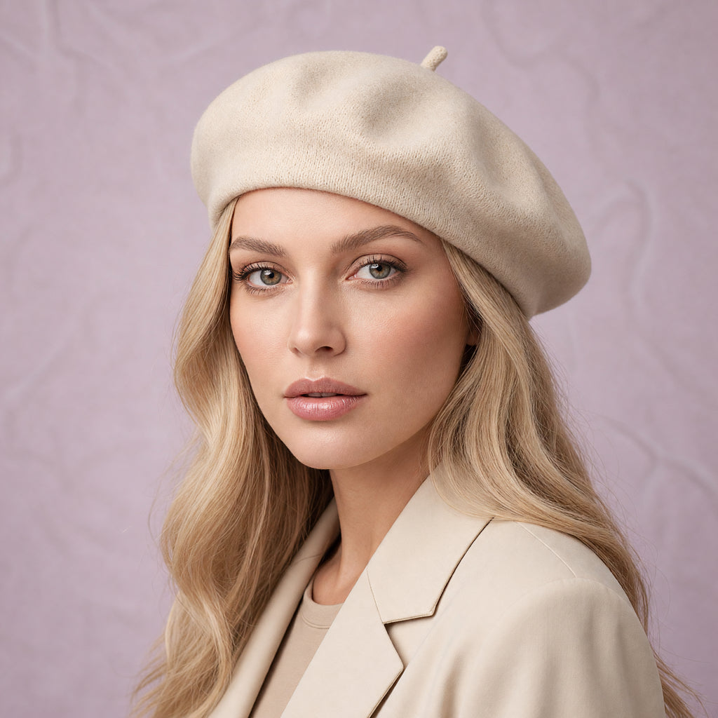 La Femme Elegant Beret in Beige, worn by an adult woman.