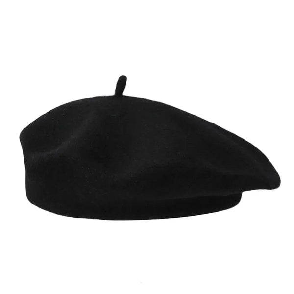 Black beret with a rounded crown, short brim, and small top stem