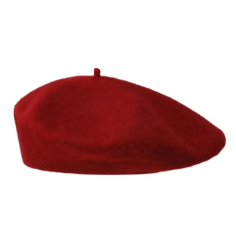 Deep red wool-look beret shown from the side on a white background