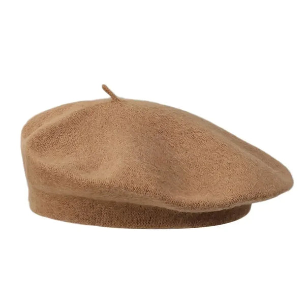 Tan wool-look beret with a small top knot, shown against a white background