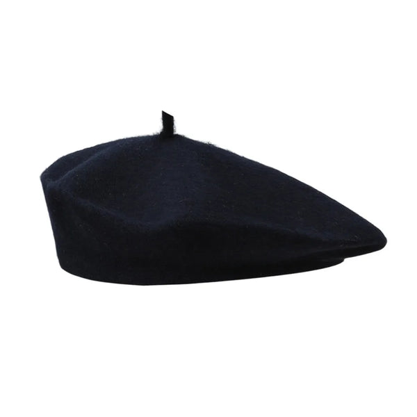 Black wool beret shown from the side on a white background