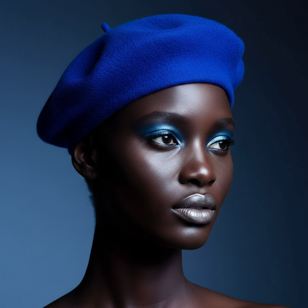 Model wearing a deep blue wool beret in a close-up portrait
