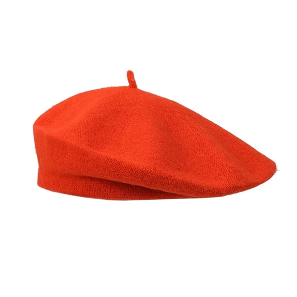 Bright orange wool beret with a short brim and top button on a white background