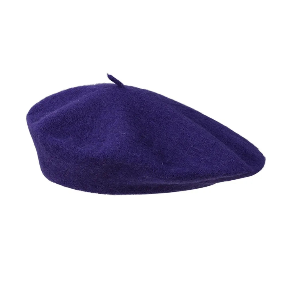 Purple wool beret shown at an angle on a white background