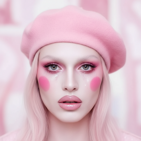 Close-up of a model wearing a soft pink beret with pastel pink makeup