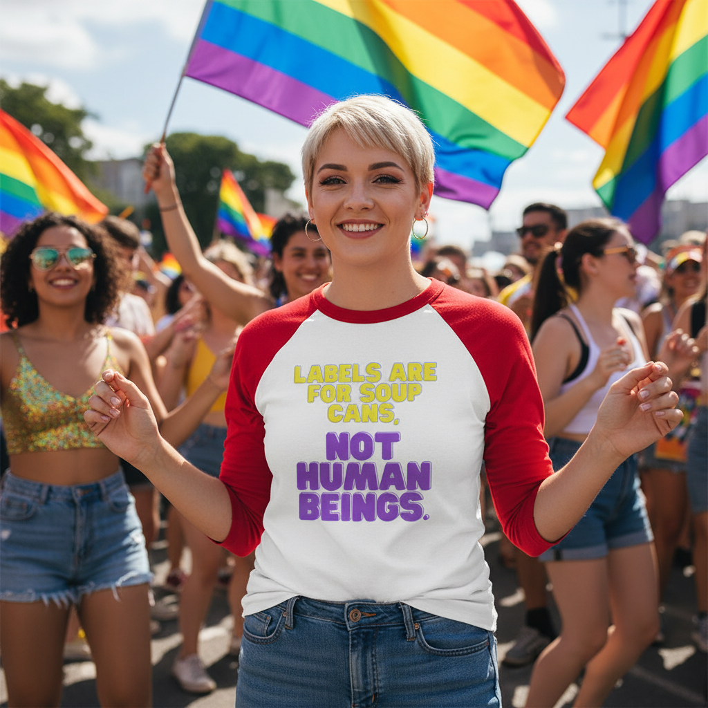 Labels Are For Soup Cans 3/4 sleeve raglan shirt on a smiling person at Pride