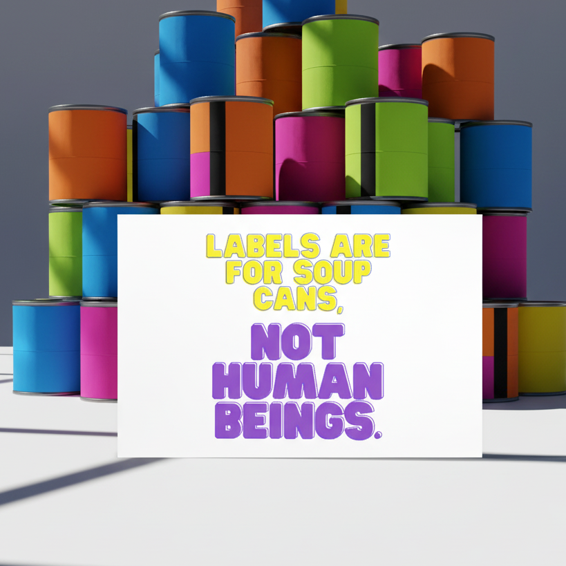 Postcard reading "Labels Are For Soup Cans" in bold yellow and purple text, front of soup cans