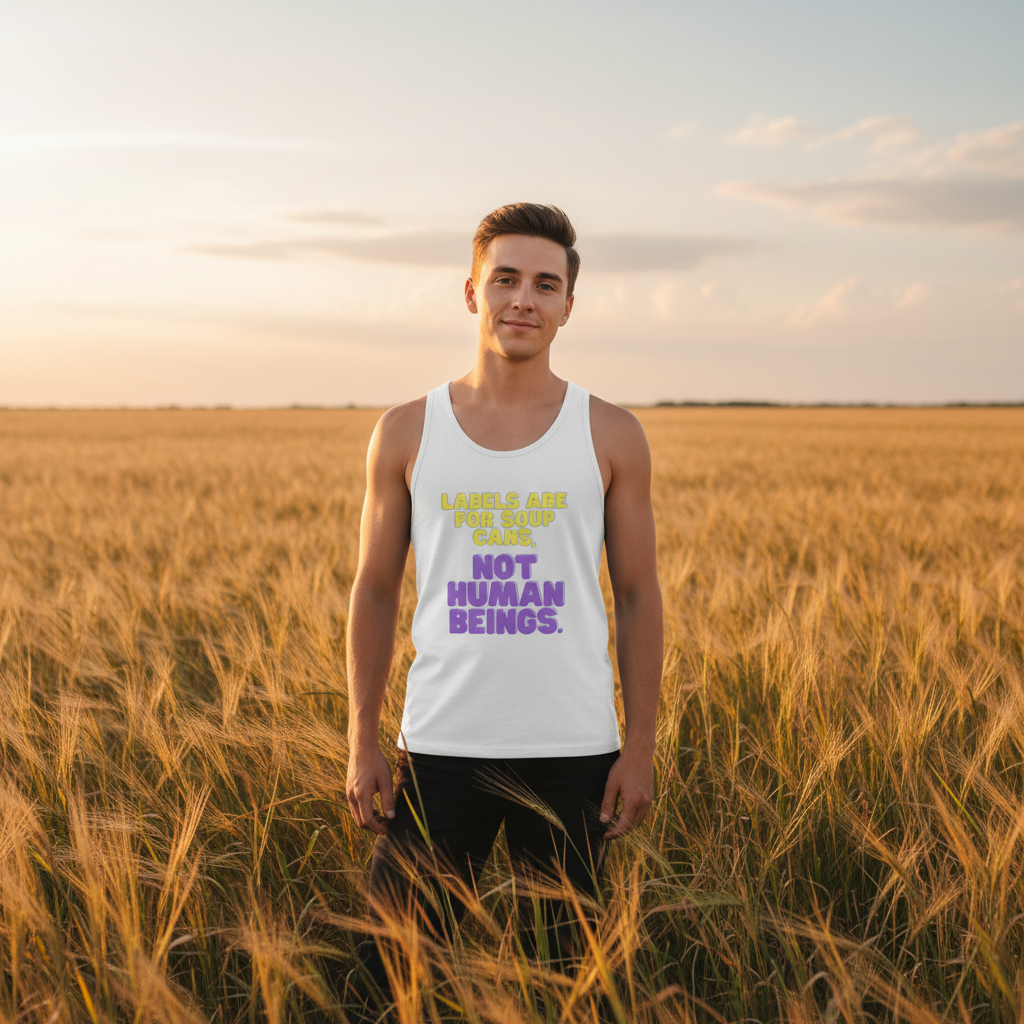 Unisex tank top with bold, colorful Labels are for soup cans