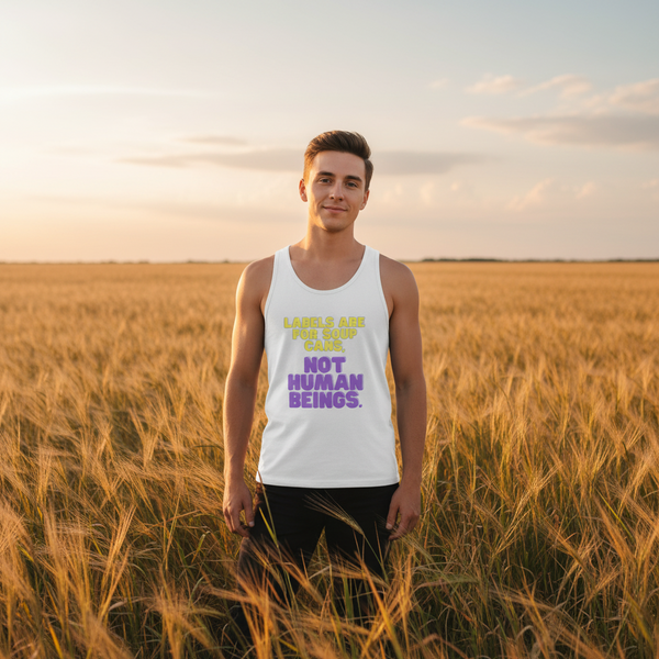 Unisex tank top with bold, colorful Labels are for soup cans