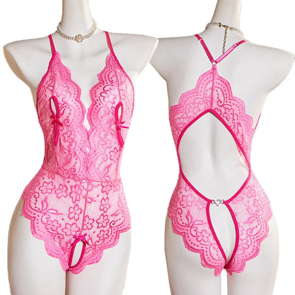 Front and back views of a sheer pink floral lace cutout bodysuit on mannequins