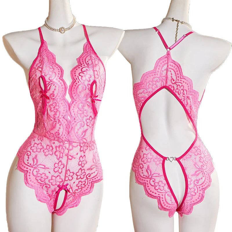Front and back views of a sheer pink floral lace cutout bodysuit on mannequins