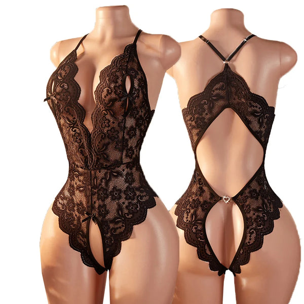 Front and back views of a black floral lace, sheer cutout bodysuit on mannequins