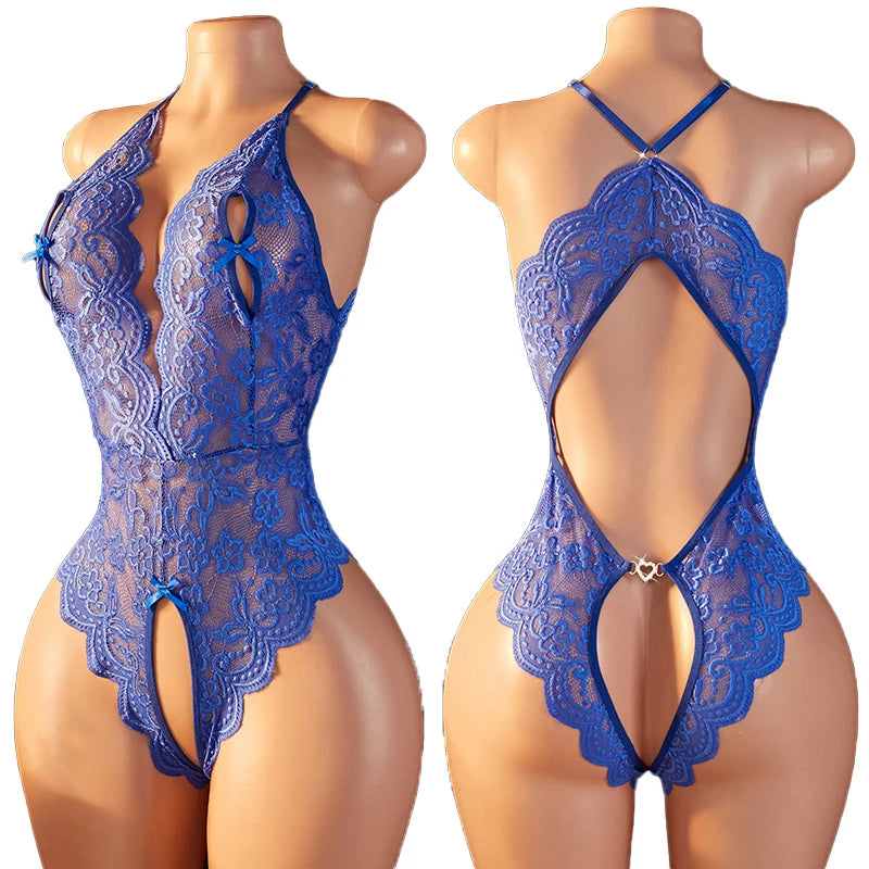 Blue floral lace bodysuit shown on a mannequin from front and back, with open back