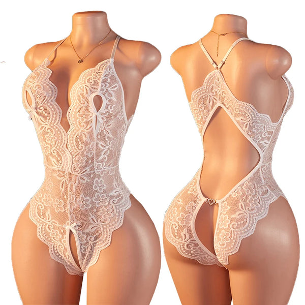 Front and back views of a white floral lace, open-crotch bodysuit on mannequins