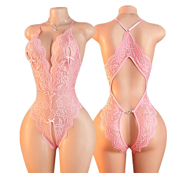 Front and back views of a pink floral lace halter bodysuit with open back