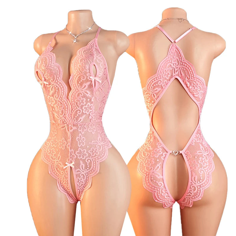 Front and back views of a pink floral lace halter bodysuit with open back