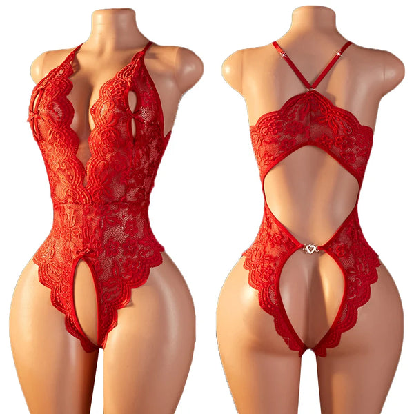 Front and back views of a red sheer lace bodysuit on mannequins