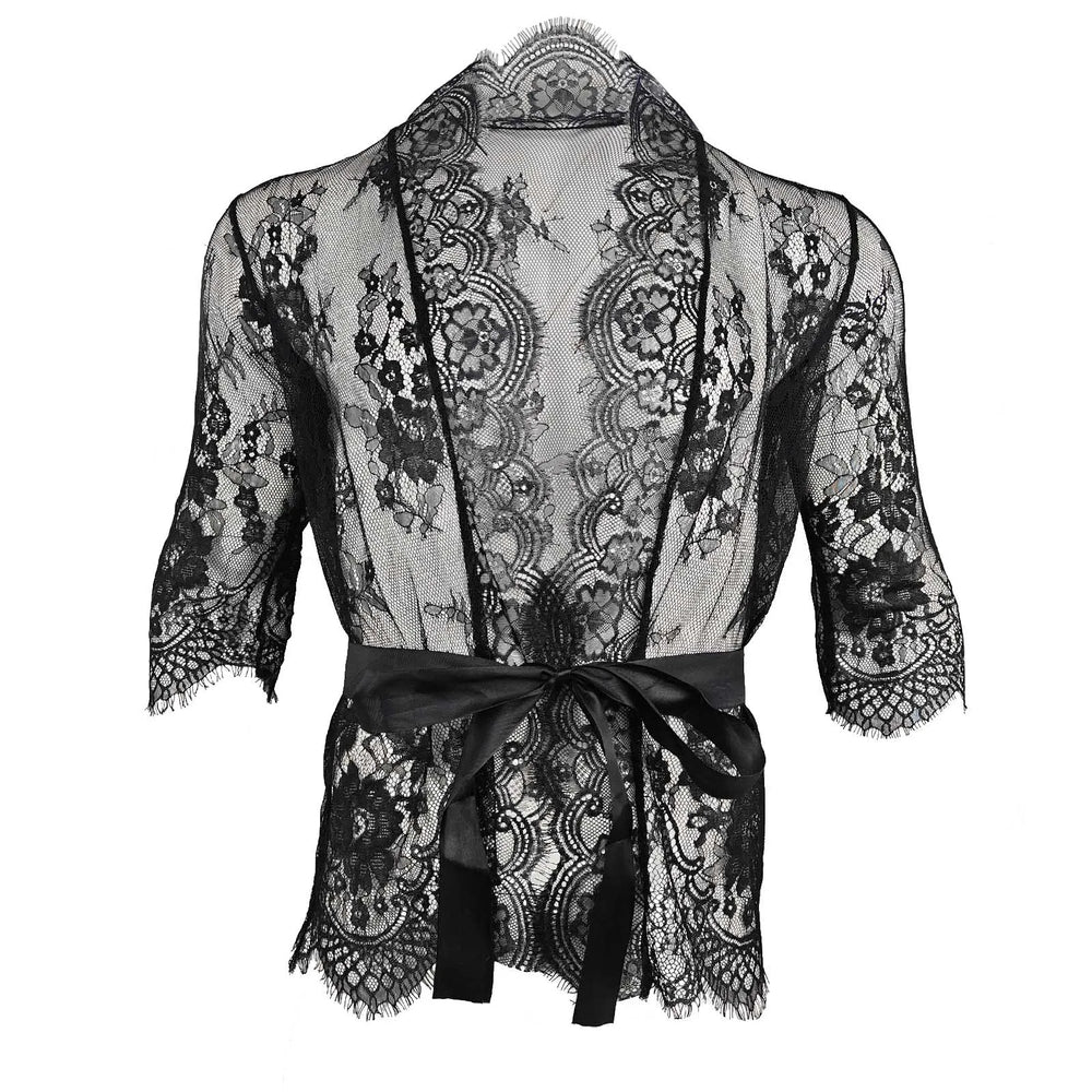 Front view of a black floral lace short robe with long sleeves and a tied satin belt
