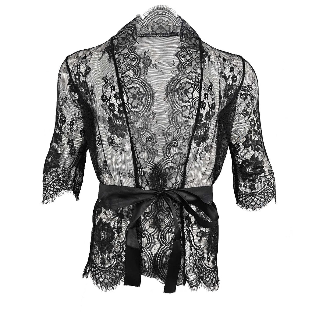Front view of a black floral lace short robe with long sleeves and a tied satin belt